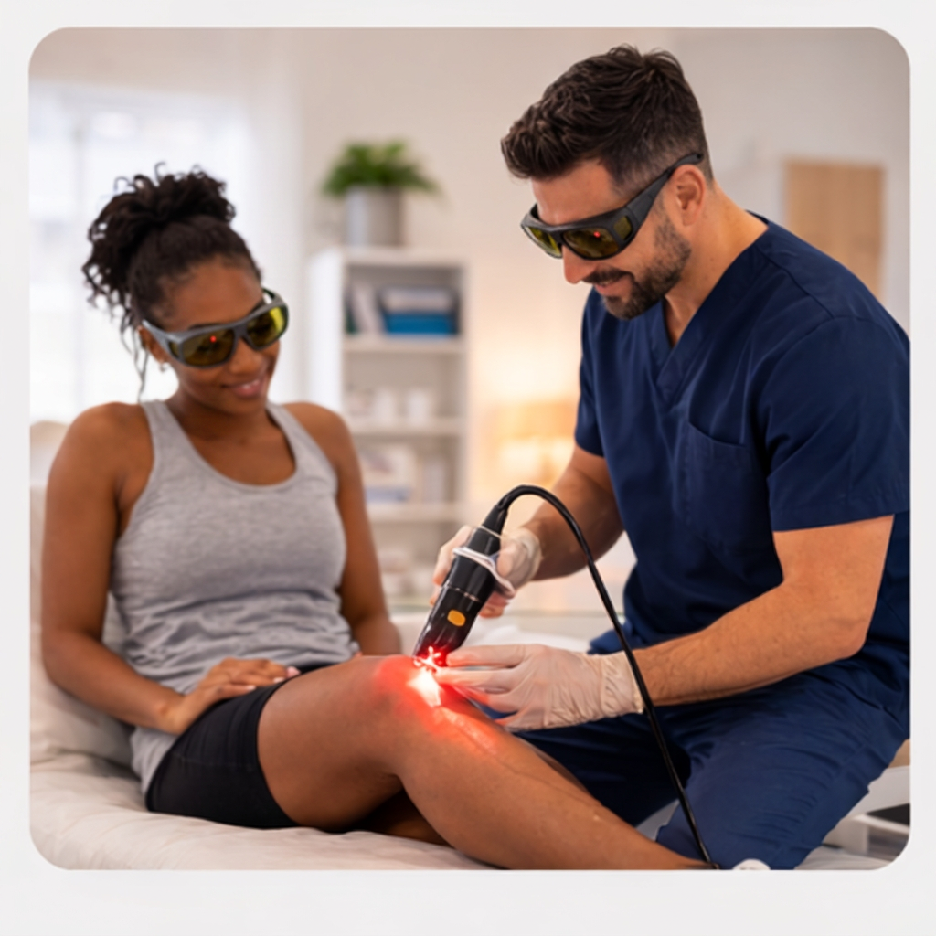 Clinician and patient wearing protective eyewear during therapeutic laser treatment on the knee
