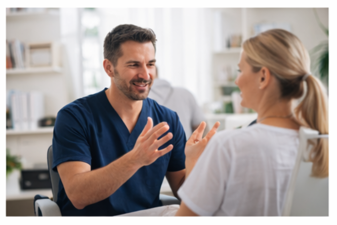 Physician discussing assessment results with a patient in a bright modern clinic