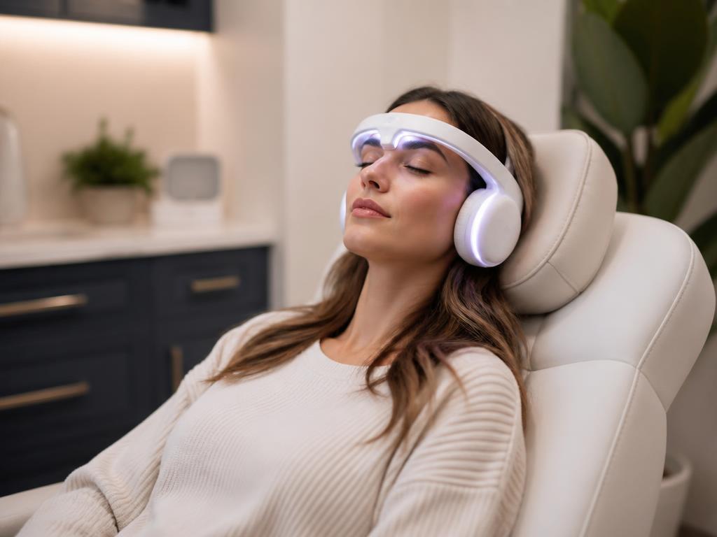 Woman relaxing in a wellness chair with Brain Tap light-and-sound headset