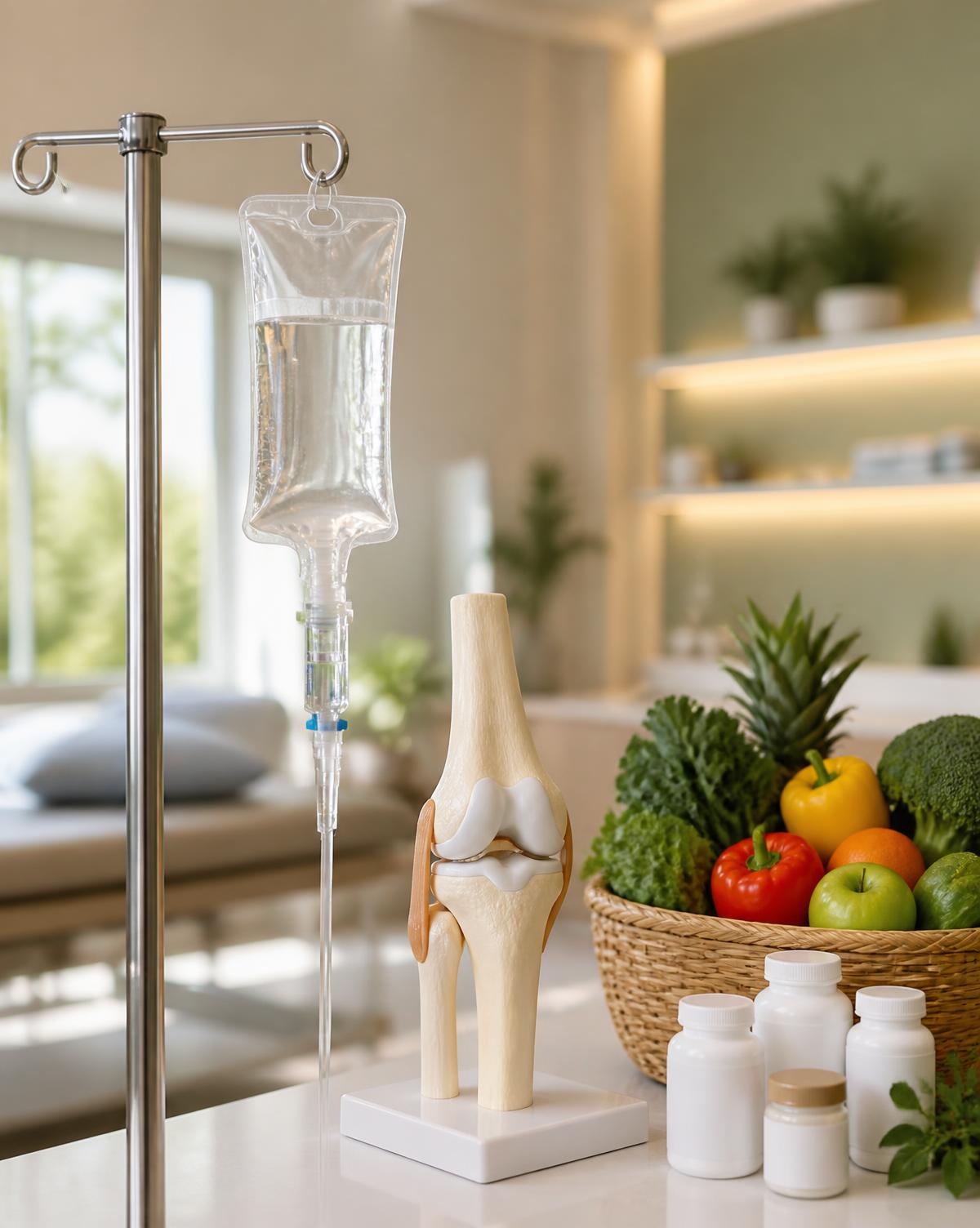 IV Therapy, knee model, fresh produce basket, and supplements arranged in a modern wellness clinic