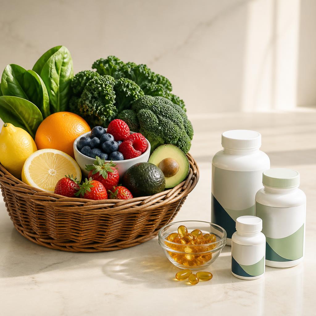 Supplements, vitamins, and a fresh fruit and vegetable basket on a clinic counter